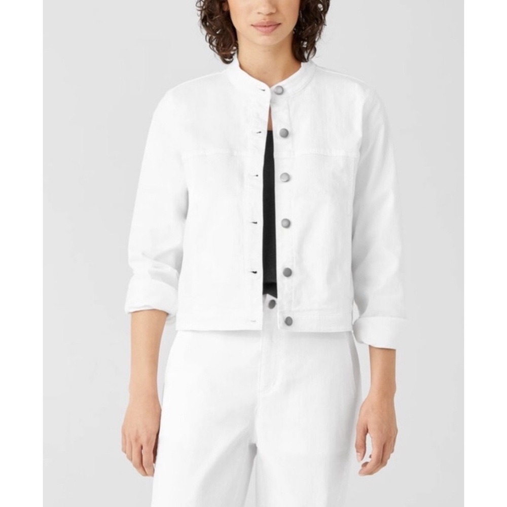 Eileen Fisher White Organic Cotton Stretch Denim Band Collar Jacket Womens L